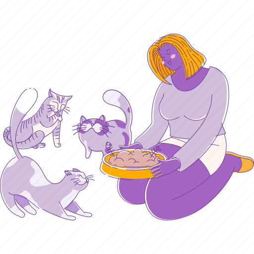 Woman, feeding, cat, pet, kitten, animal, female illustration - Download on Iconfinder