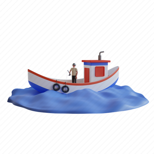Fishing, boat, sea, fisherman, water, ocean, transportation 3D illustration - Download on Iconfinder