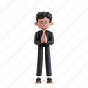 namaste, 3d character, 3d illustration, 3d rendering, 3d businessman, male, formal suit, business suit, formal wear, business, welcoming guests, receptionist, officer, hand clap, greeting, calm, humble, welcoming, friendly, team work