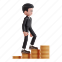 climbing, 3d character, 3d illustration, 3d rendering, 3d businessman, formal suit, business suit, pile, cent, chart, coin, counting, currency, dollar coin, earnings, statistic, financial, growth, up, step