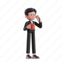 calling, and, holding, coffee, 3d character, 3d illustration, 3d rendering, 3d businessman, formal suit, business suit, business, on the phone, talking, cup, coffee break, conversation, cell phone, communication, voice call, cellular, mobile, business talk, speech
