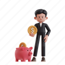 savings, 3d character, 3d illustration, 3d rendering, 3d businessman, formal suit, business suit, coin, dollar, piggy bank, investment, saving, safe, piggy, income, currency, economy, rich, fund, banking, finance