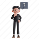 think, 3d character, 3d illustration, 3d rendering, 3d businessman, formal suit, business suit, businessman, chin, holding, question mark, bubble, idea, imagination, find solution, inspiration, strategy, daydream, thinking, smart solution