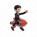 riding, rocket, 3d character, 3d illustration, 3d rendering, 3d businessman, formal suit, business suit, businessman, space, sky, pointing, forward, fast, growth, start up, go, flight, flying, innovation