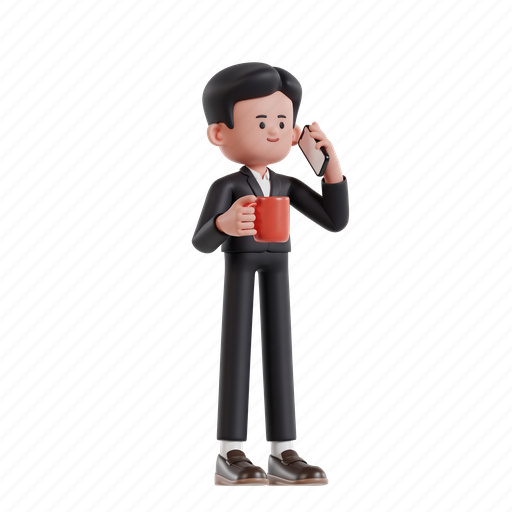 Calling, and, holding, coffee, 3d character, 3d illustration, 3d rendering icon - Download on Iconfinder