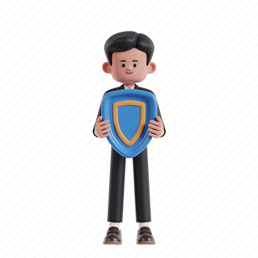 Shield, 3d character, 3d illustration, 3d rendering, 3d businessman, formal suit, business suit icon - Download on Iconfinder