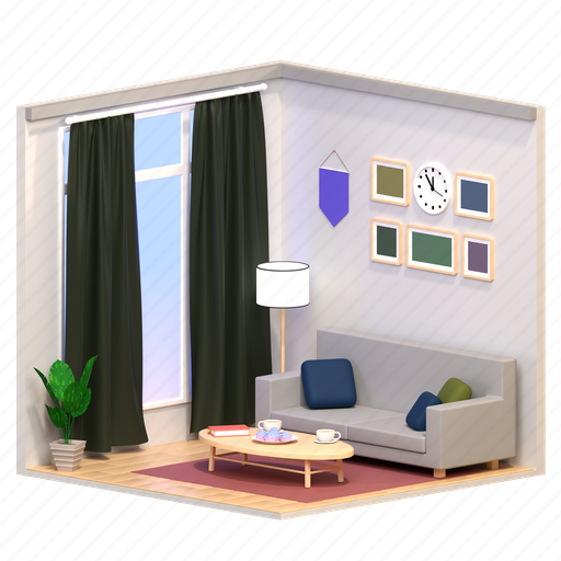 Isometric, architecture, interior, decoration, living room, furniture, apartment 3D illustration - Download on Iconfinder