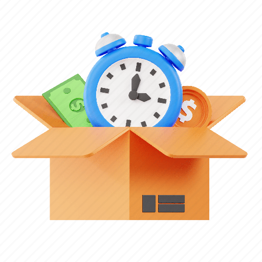 Time box, cardboard, clock, money 3D illustration - Download on Iconfinder