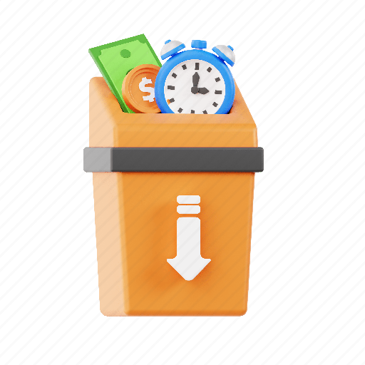 Waste of time, time, clock, lose time, trash 3D illustration - Download on Iconfinder