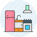 kitchen, cabinets, sink, cooker, furniture, fridge