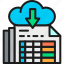 accounting, cloud, document, download, line, outline, storage 
