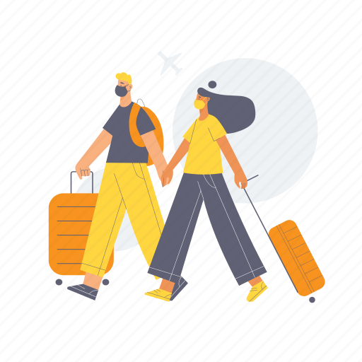 Man, woman, suitcase, aiport, travel, aiplane, mask illustration - Download on Iconfinder