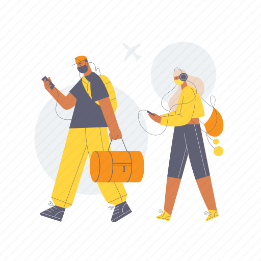 Man, woman, walking, bag, aiport, travel, mask illustration - Download on Iconfinder