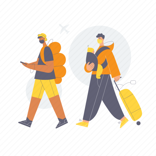 Couple, man, baby, travel, suitcase, airport, mask illustration - Download on Iconfinder