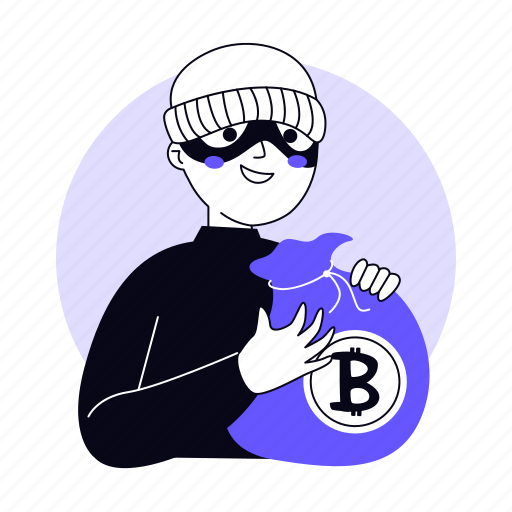 Bitcoin hacker, cyber, crime, scam, money bag, crypto, blockchain illustration - Download on Iconfinder