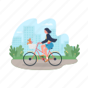 woman, ride, bicycle, dog, basket 