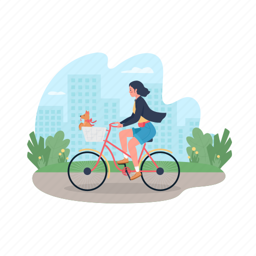 Woman, ride, bicycle, dog, basket illustration - Download on Iconfinder