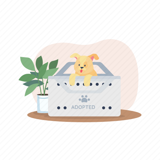 Dog, puppy, adoption, golden terrier, cardboard box illustration - Download on Iconfinder