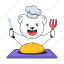 chef bear, eating baguette, breakfast bread, cute bear, bear character 
