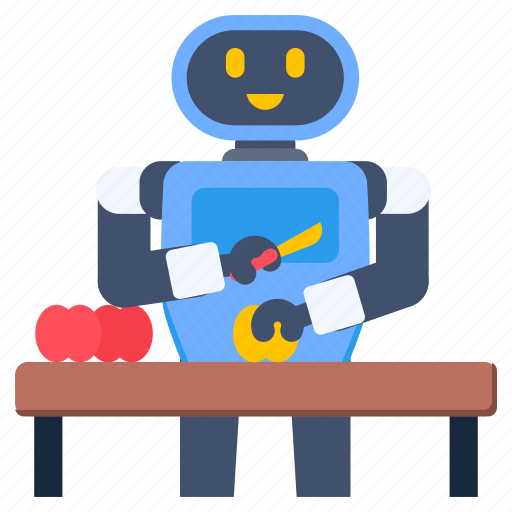 Domestic robot, kitchen robot, cutting apples, robot, robotic work illustration - Download on Iconfinder