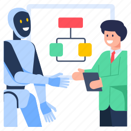 business meeting robot, flowchart, robotic handshake, workflow, algorithm 