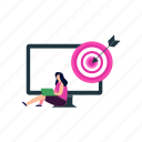 female, working, laptop, monitor, target