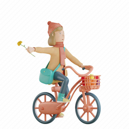 Autumn, character, riding, bicycle, holding, flower, fall 3D illustration - Download on Iconfinder