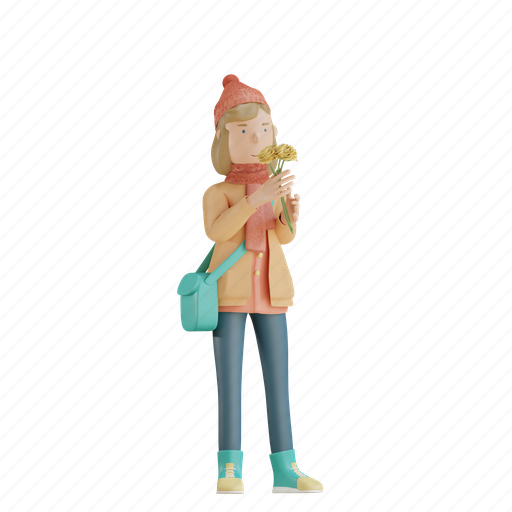 Autumn, character, holding, flowers, fall, season 3D illustration - Download on Iconfinder