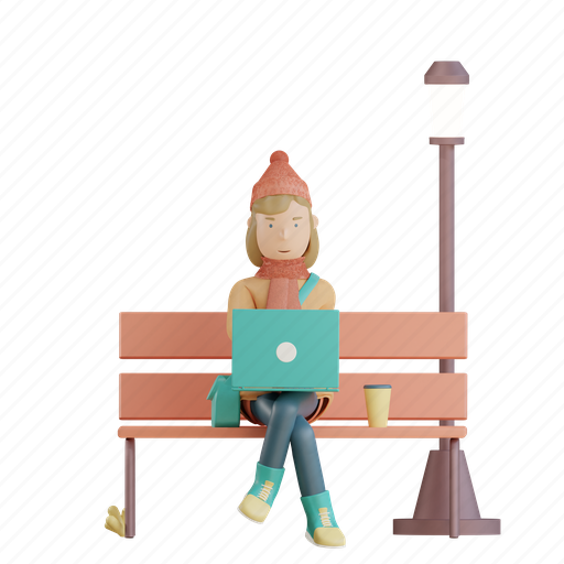 Autumn, character, laptop, chair, park, fall, season 3D illustration - Download on Iconfinder
