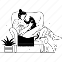pets, cat, dog, animals, chill, woman, lady, home 