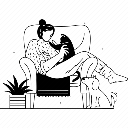 Pets, cat, dog, animals, chill, woman, lady illustration - Download on Iconfinder