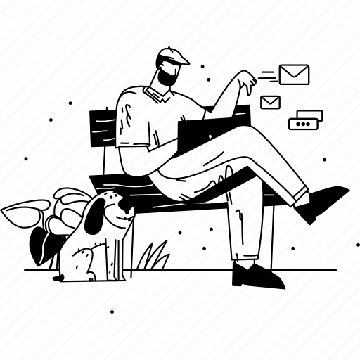 Person, working, bench, dog, animal, character, park illustration - Download on Iconfinder