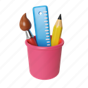 stationary, cup, render, illustration, pencil, brush, ruller, school, education 