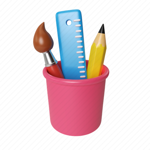 Stationary, cup, render, illustration, pencil, brush, ruller 3D illustration - Download on Iconfinder