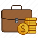 briefcase, dollar, investment, money, outlay, reversal, coin