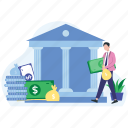 man, person, bank, illustration, man holding dollar, payment secure, building, dollar payment, dollar insurance