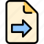 arrow, document, export, file, output, paper 