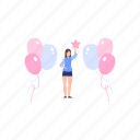 female, standing, balloons, party, birthday