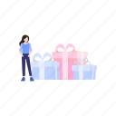 female, standing, birthday, gifts, boxes