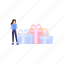 female, standing, birthday, gifts, boxes 