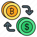 bitcoins, dollars, exchange, rate, money, arrow