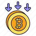 bitcoin, down, arrow, cash, coin, market