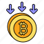 bitcoin, down, arrow, cash, coin, market 