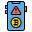alert, bitcoin, cryptocurrency, warning, mobile, phone 