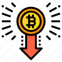 drop, in, value, bitcoin, cryptocurrency, down, arrow, coin