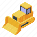 bulldozer, cartoon, construction, isometric, technology, tractor, yellow