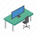 monitor, table, chair, working, space