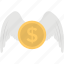 angel investment, earning, flying dollar, investment, money wings 