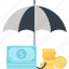 currency, insurance, money, protection, safety, security, umbrella 