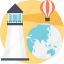 discover, globe, hot air balloon, lighthouse, technology 